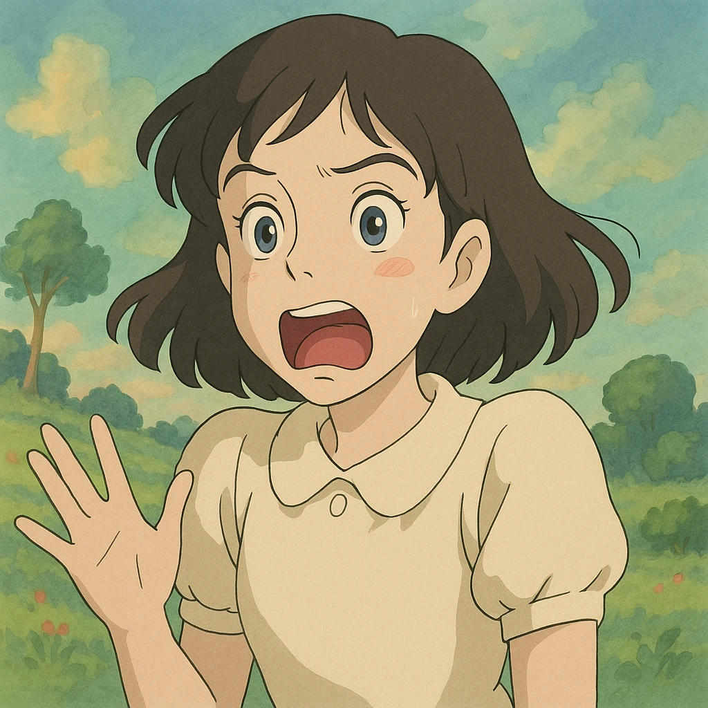 a pale, brunette girl acting, expressive face, ghibli style emoji