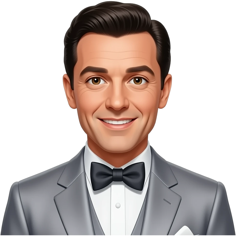Gene Kelly with brown eyes, black hair, gray silk suit with bow tie emoji