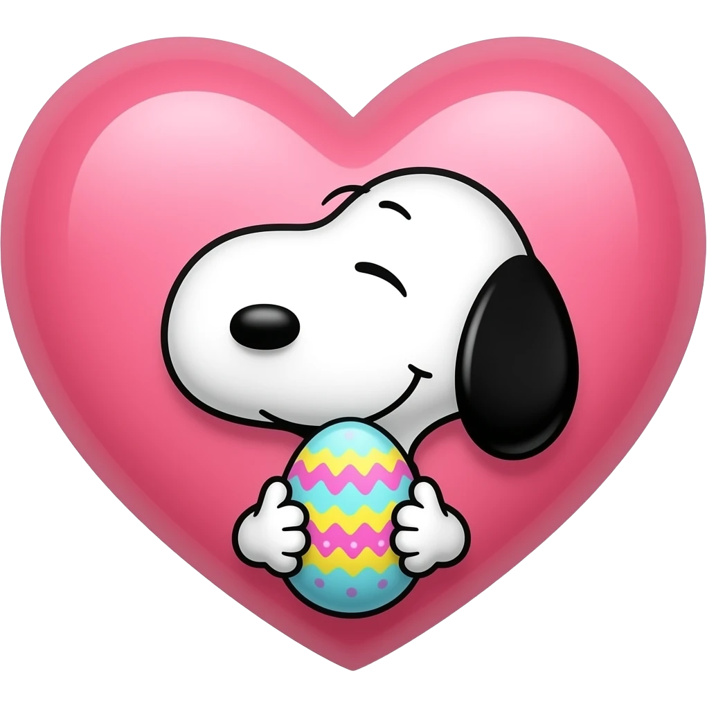 Bigger heart with cute easter design inside with very small snoopy head HOLDING THE OVERSIZED HEART OVER HIS HEAD but not inside the heart emoji