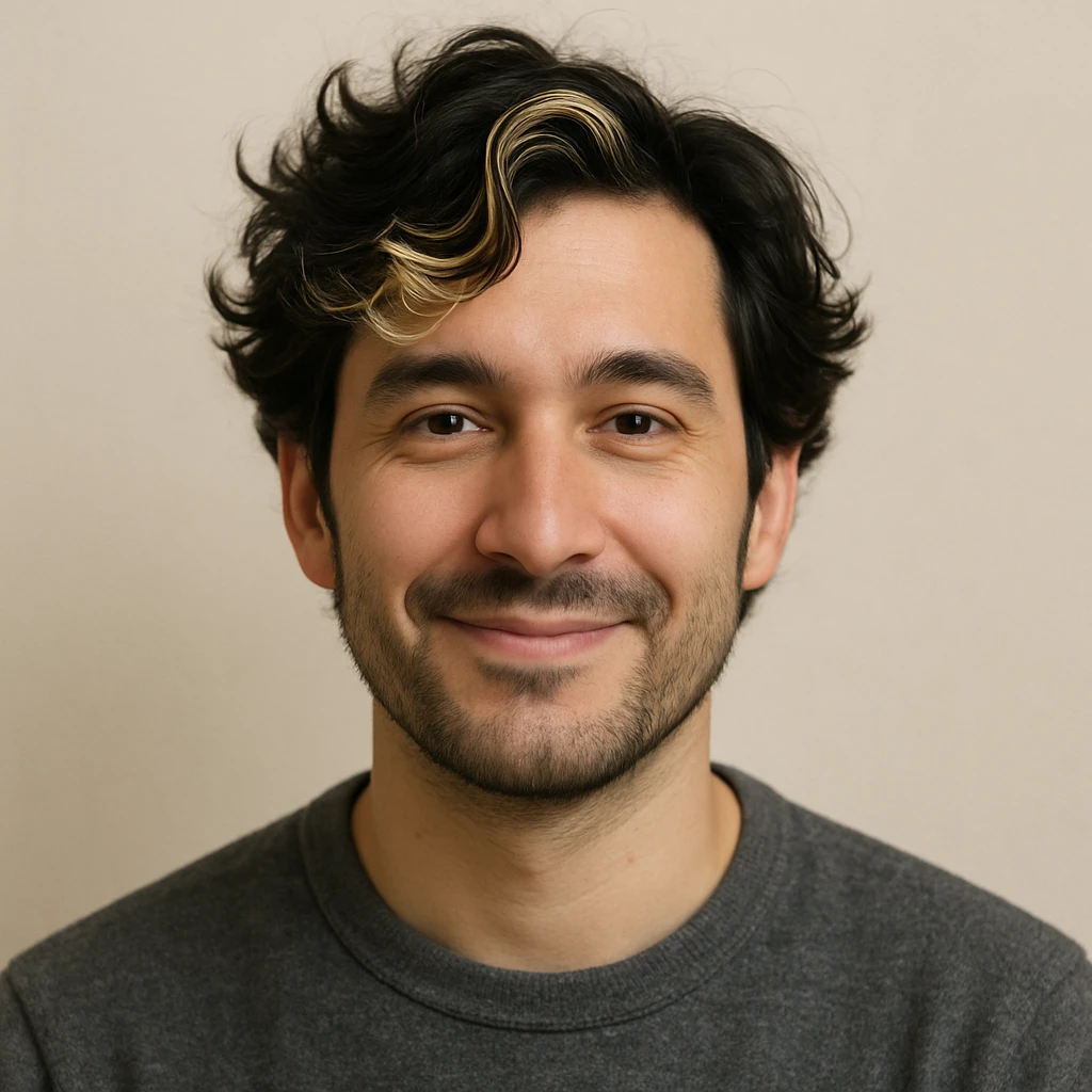 man with wavy black hair and blonde highlights, friendly expression, plain background emoji