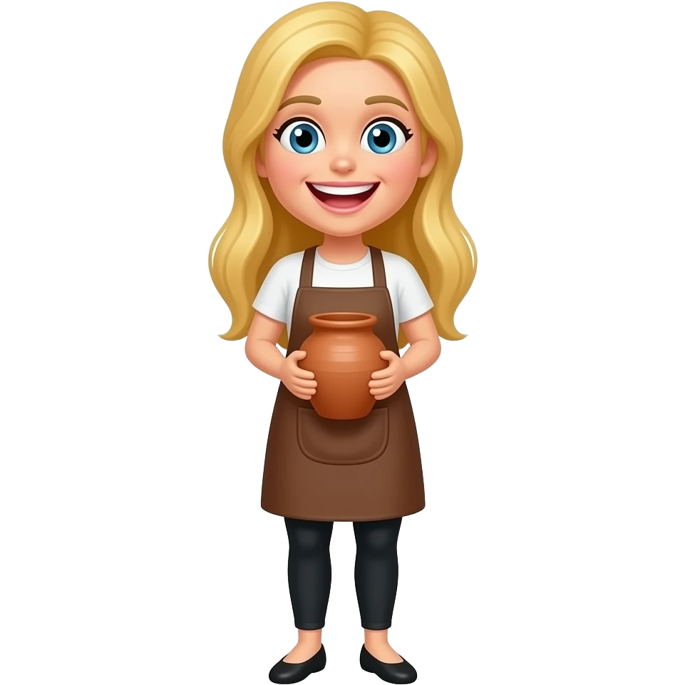 Simpel emoji, Blond long hair female, in white t-shirts, black thighs and brown apron doing pottery, happy emoji