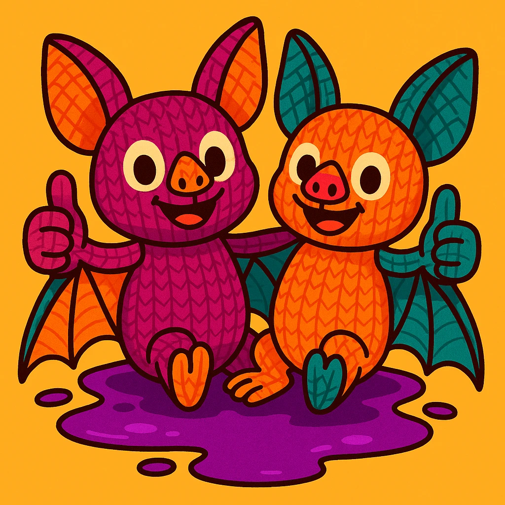 two knitted toy fruit bats giving a thumbs-up, sitting in a puddle of purple liquid, vibrant toon style emoji