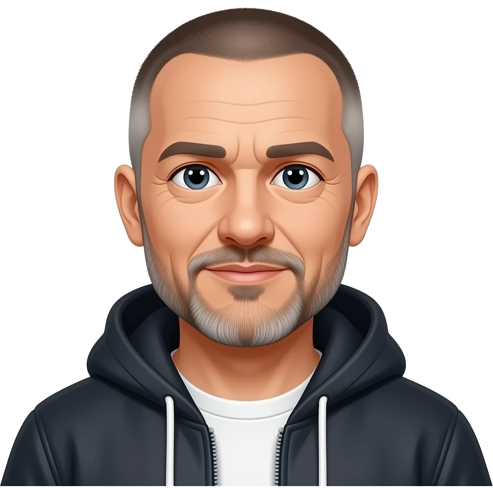 very entellectual man, 59 years old, street wear stubble, shaved short with clippers, but not bald emoji