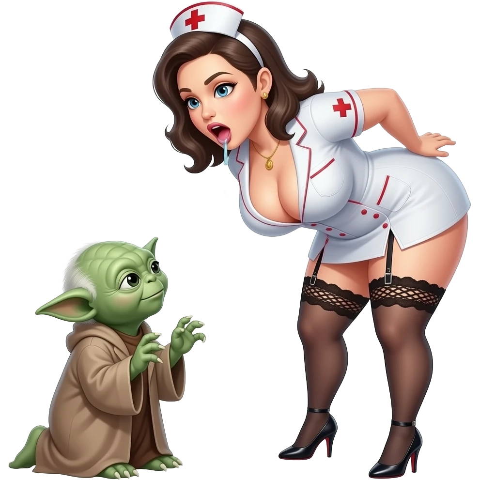 Yoda with a large breasted nurse, wearing garter belt, stiletto heels, kneeling and facing yoday, low cut cleavage, mouth wide open drooling emoji