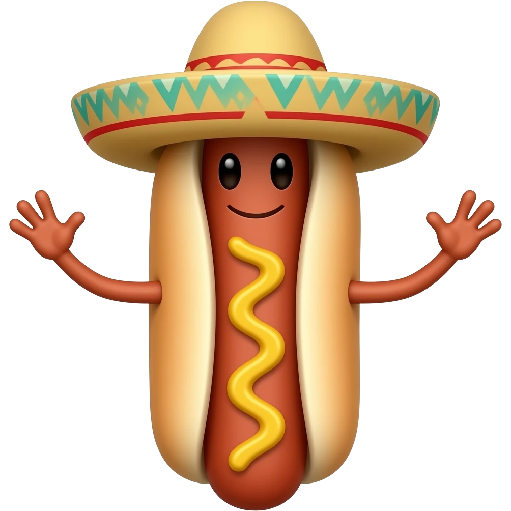 Hotdog with face and arms wearing sombrero emoji