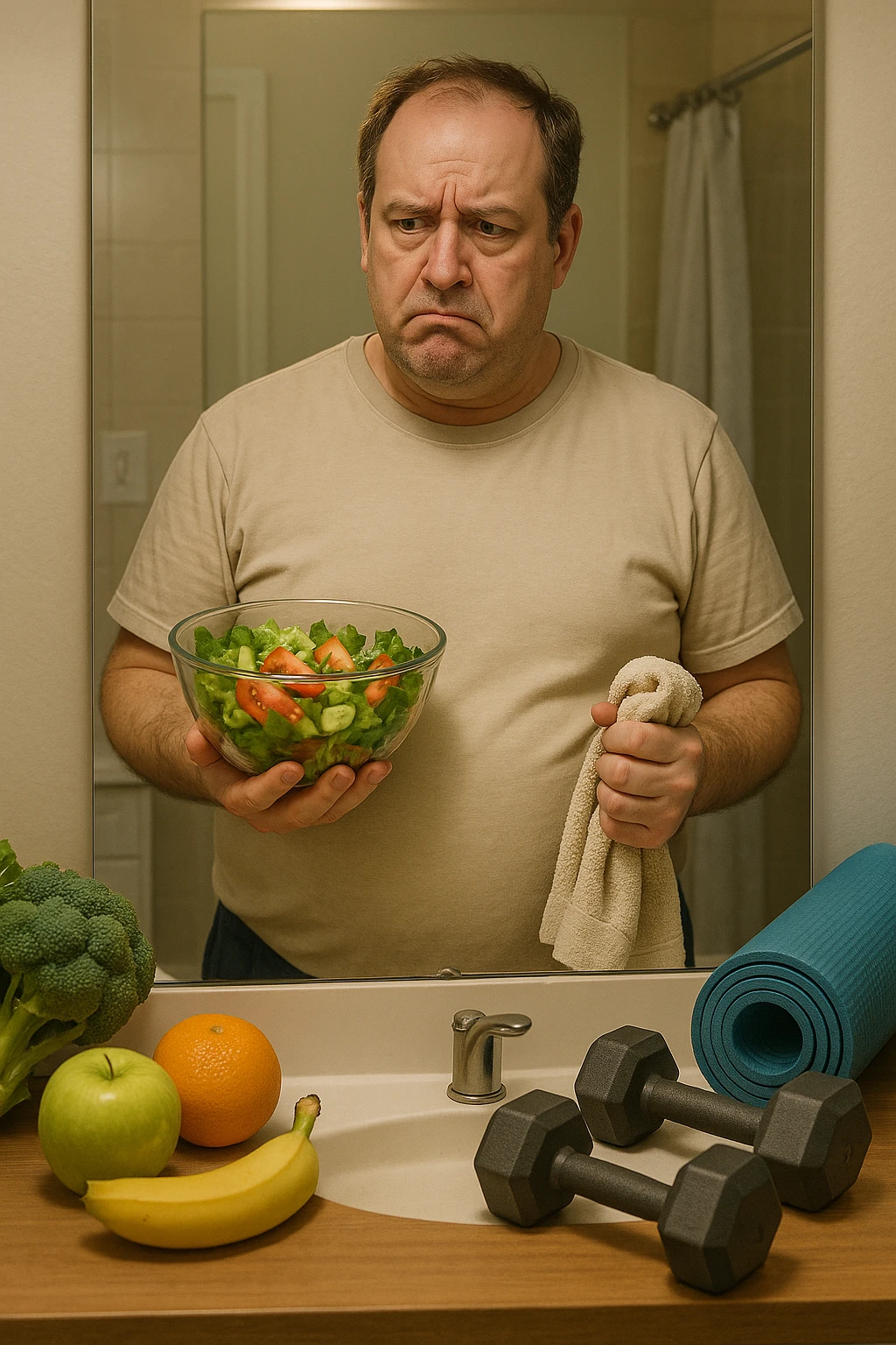 a middle-aged man stands in front of a bathroom mirror, looking at his reflection with a puzzled and slightly frustrated expression. He holds a salad bowl in one hand and a gym towel in the other, surrounded by healthy food and workout gear, yet his body remains overweight. The background is a typical home bathroom, softly lit, emphasizing confusion and self-reflection. emoji