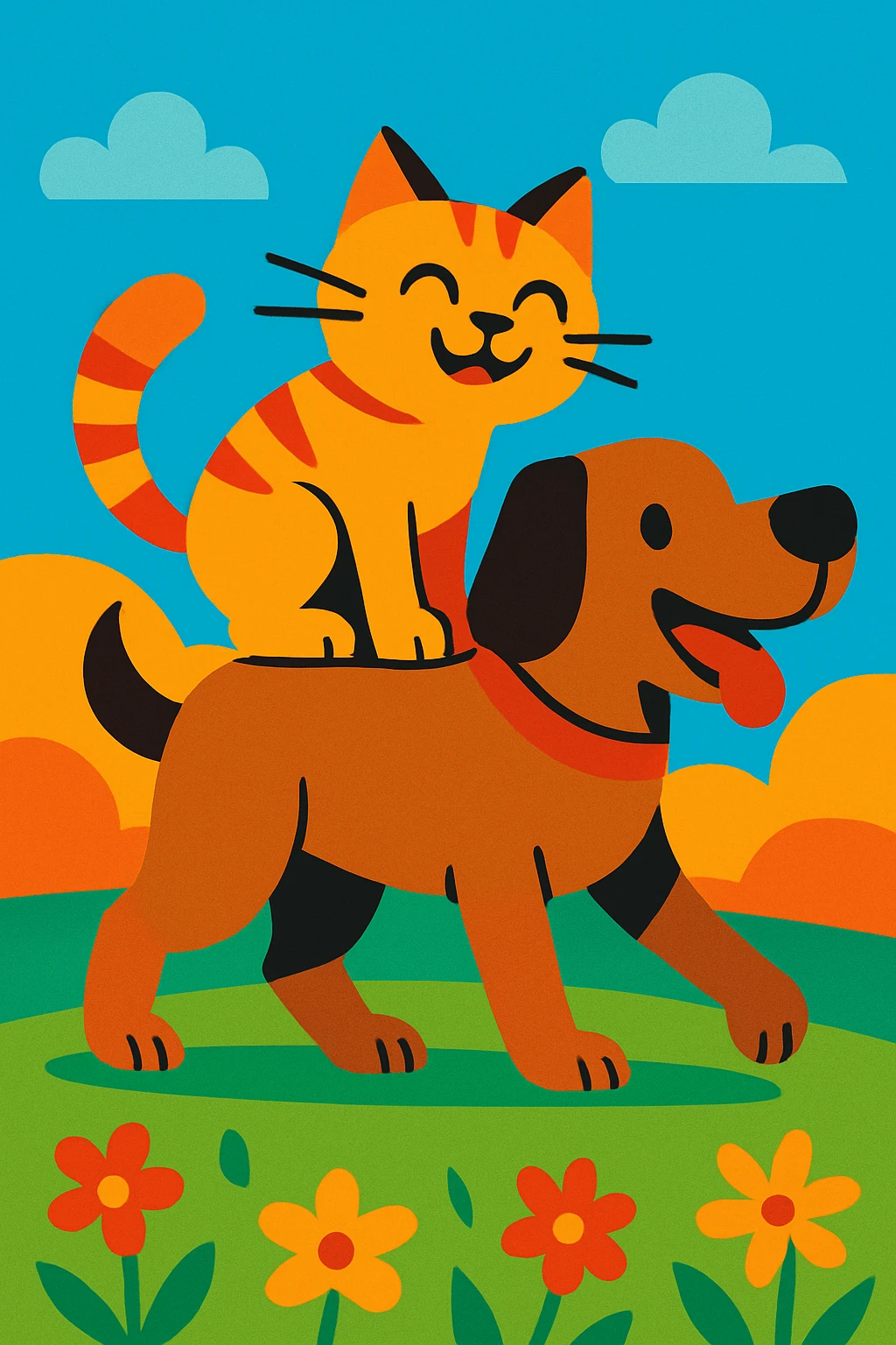 cat riding a dog, vibrant cartoon style emoji