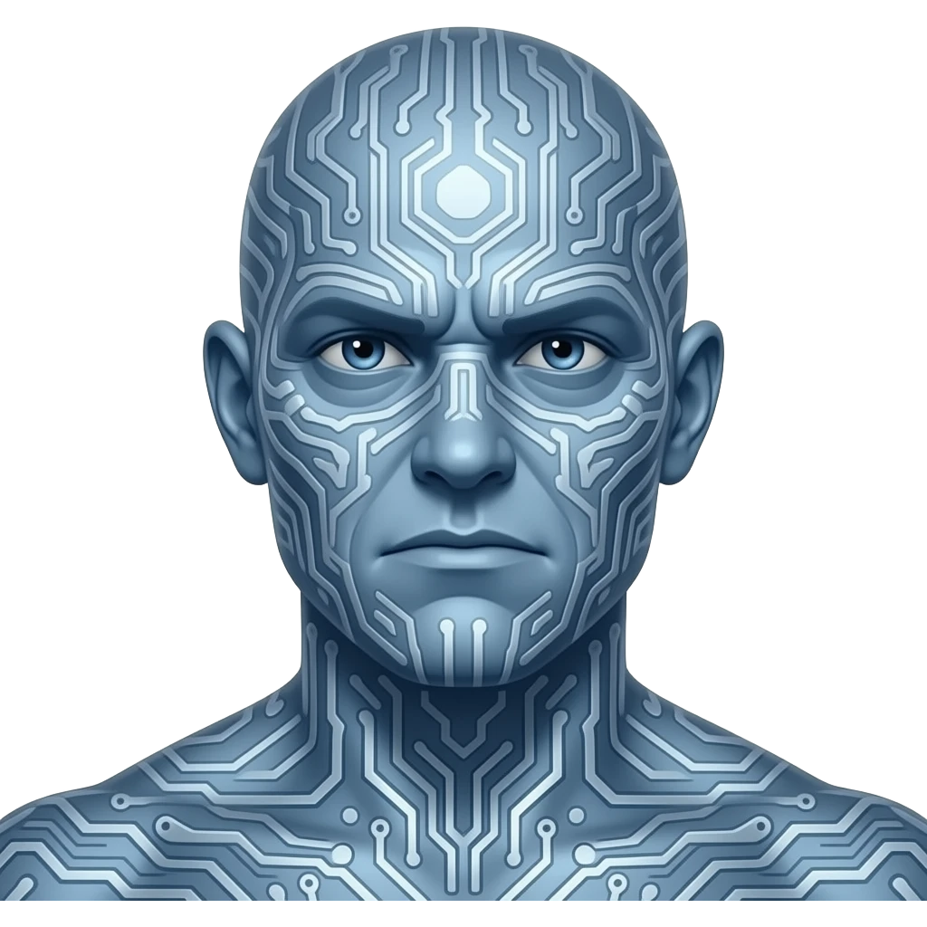 The image features a stylized prehistoric and frowning portrait of Blaze Bayley with silver-blue skin covered in computer circuitry. emoji