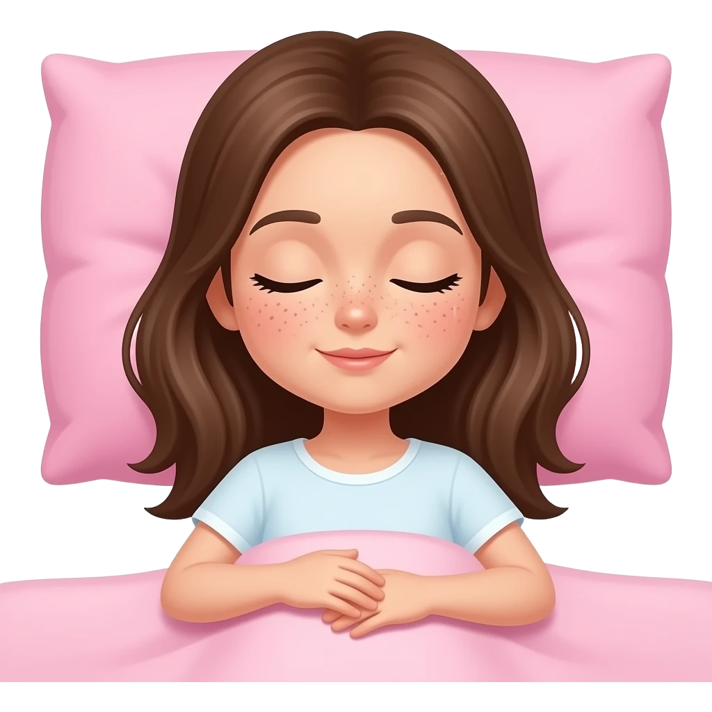 une fille brune avec des taches de rousseurs qui dort sur un oreiller rose avec un drap rose pale emoji
