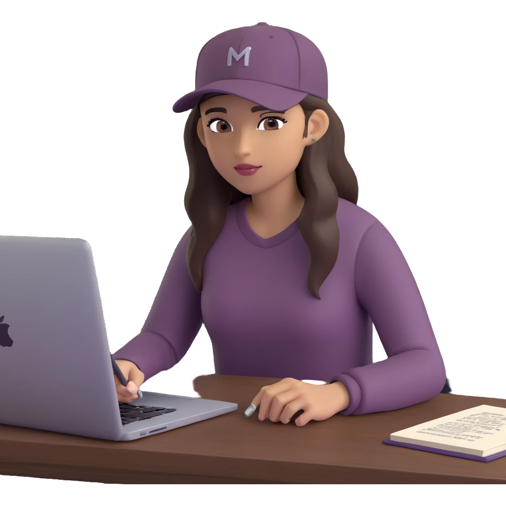 young woman with olive skin and long, dark brown hair, wearing a long-sleeved dark mauve shirt. She is wearing a black baseball cap.. She's sitting at a sleek wooden desk with a hardcover book, and to her right is a white coffee mug, while she looks and types on a silver MacBook.  emoji