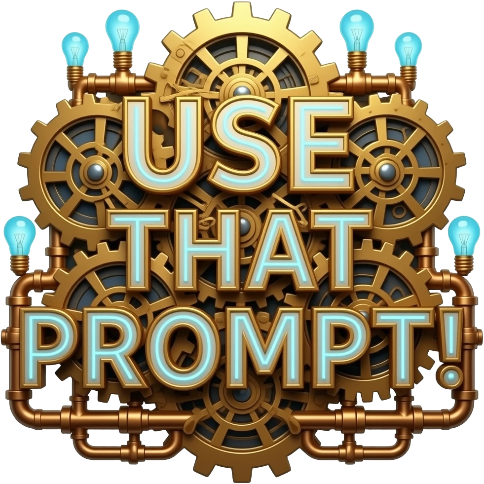 A complex glowing Steampunk text 'USE THAT PROMPT!' constructed from interlocking brass gears, copper pipes, and tiny hissing steam vents. Small glowing blue Edison bulbs attached to the frame, mechanical clockwork style, highly detailed textures emoji