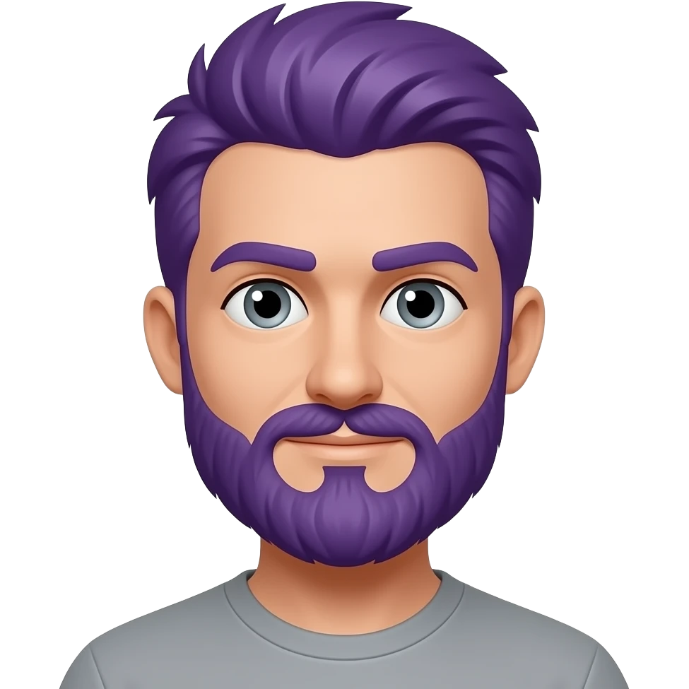 Emoji of a bearded man with purple hair and gray eyes emoji
