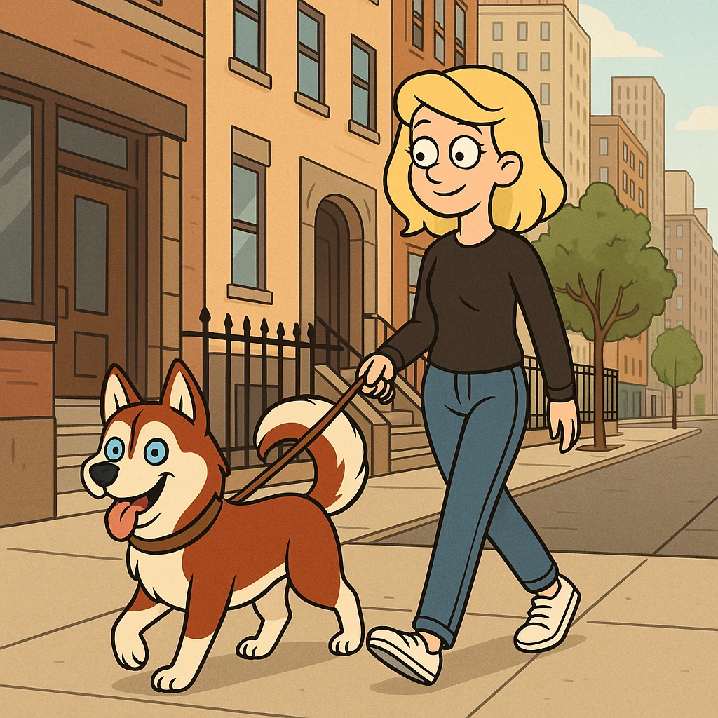 Cute Blonde woman wearing a black sweater and jeans and white sneakers walking a happy red-brown blue-eyed Siberian husky in New York City on an upper east side city sidewalk  emoji