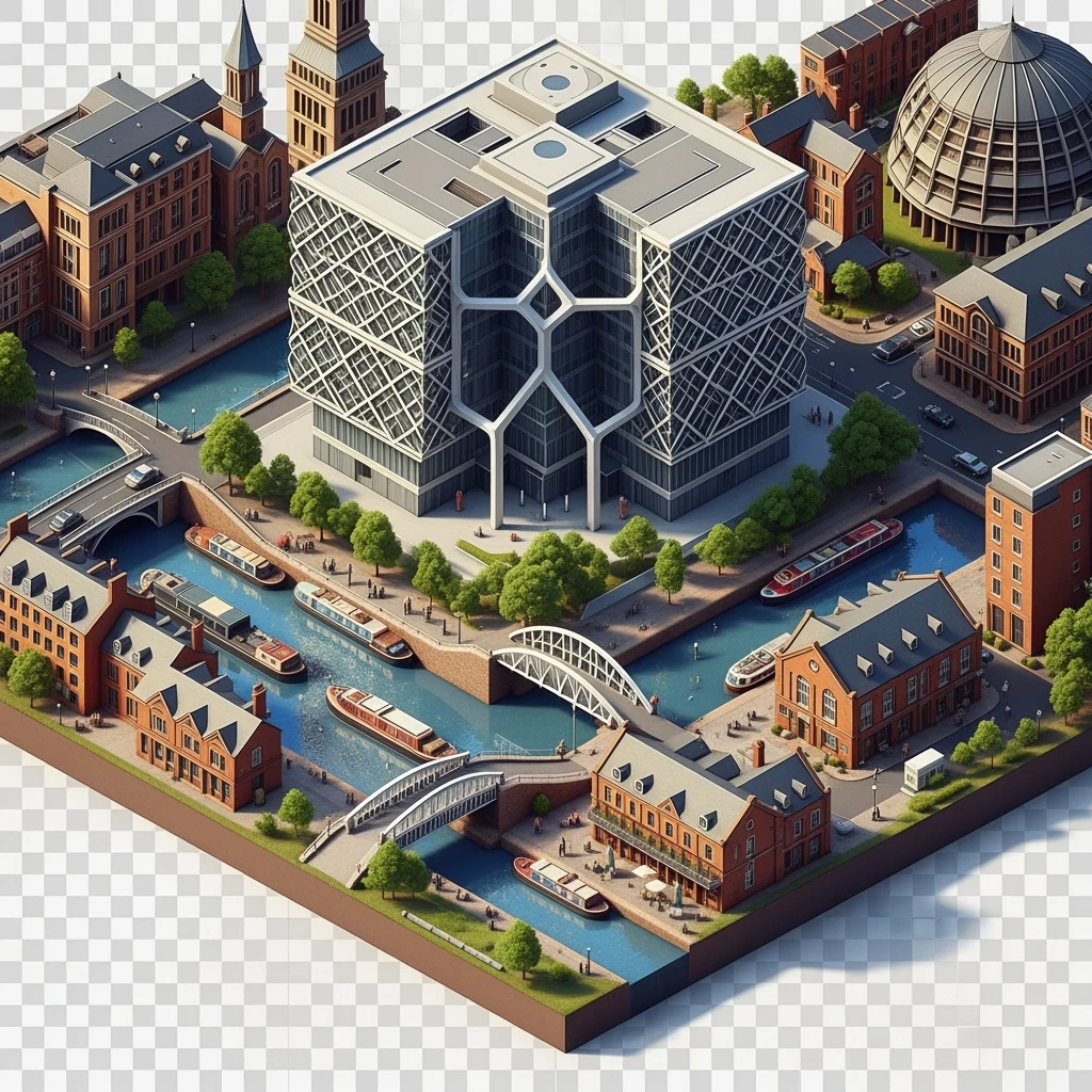 Isometric illustration of Birmingham, featuring the Library of Birmingham with its modern architecture and nearby canals, highly detailed in semi-realistic style, balanced between stylized and realistic, 3D miniature effect, transparent background. emoji