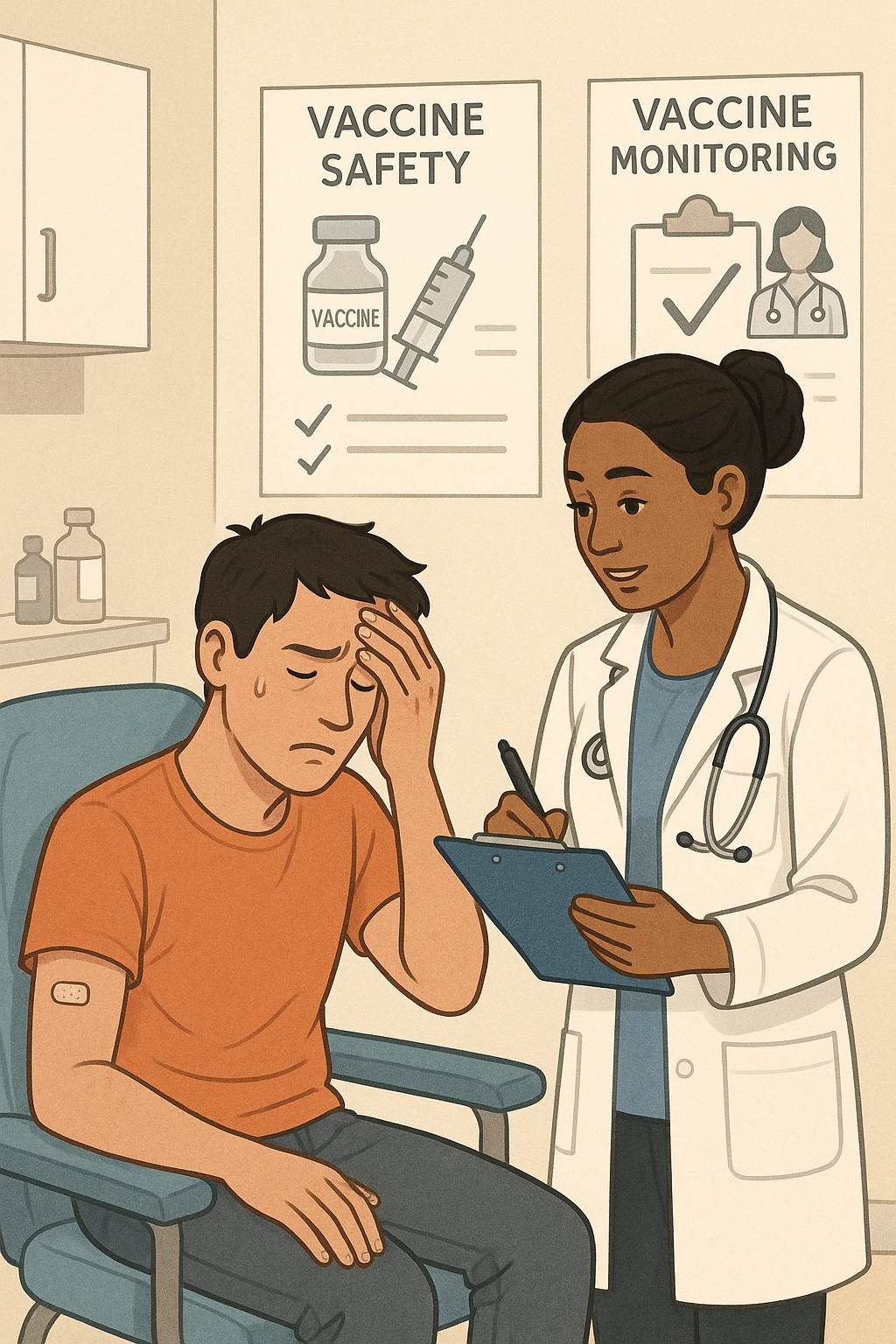 Vertical, educational medical illustration: a healthcare professional observes a patient who appears unwell after receiving a vaccine. The patient sits in a clinic chair, showing mild symptoms such as fatigue or headache, while the professional takes notes and offers reassurance. The background includes educational posters about vaccine safety and monitoring. realistica emoji