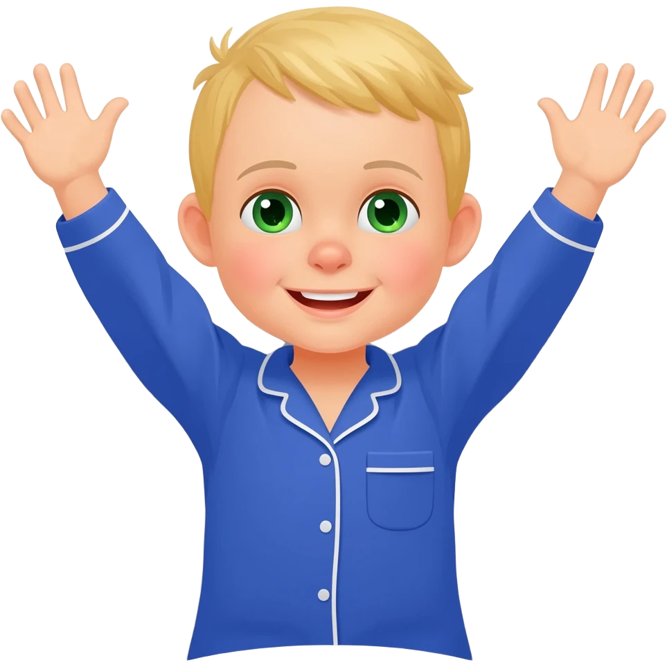 Use the same 3 year old blonde boy with green-blueish eyes, it should be the same boy as before  happy with plain blue pajamas raising both arms up, on the bed, the bed should be gray emoji