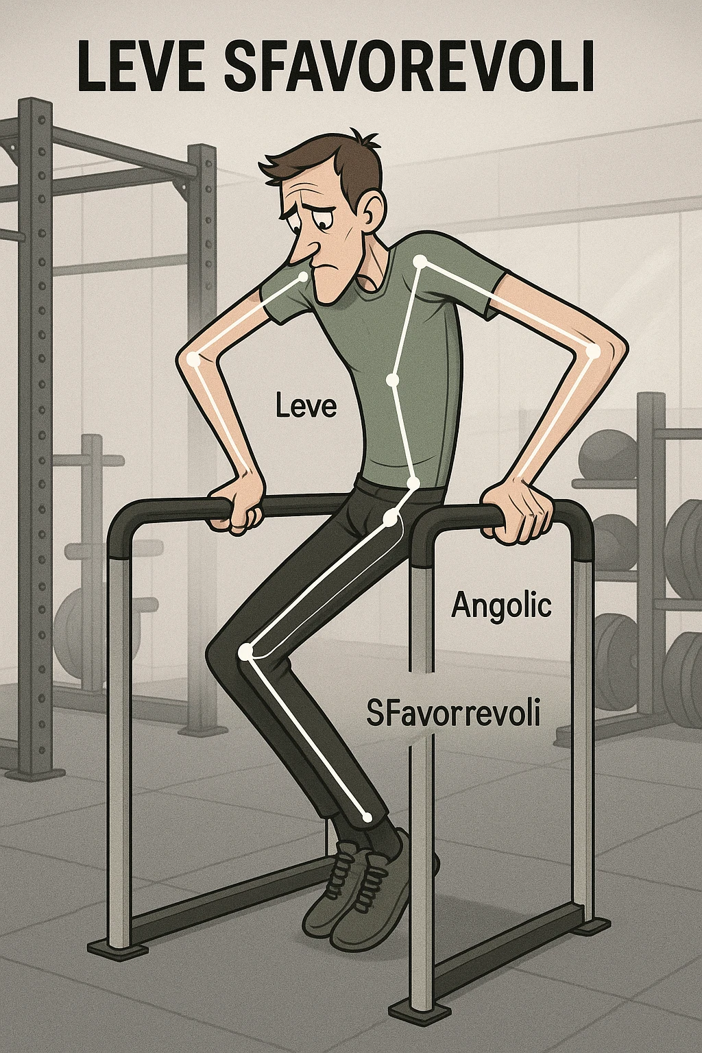 a tall, lean man with very long arms and a short torso attempts a dip on parallel bars. His elbows are deeply bent and his body appears awkwardly positioned, highlighting the mechanical disadvantage. An overlay shows anatomical lines and angles, with labels explaining “Leve Sfavorevoli” The background is a modern gym, with a focus on biomechanics. in italiano emoji