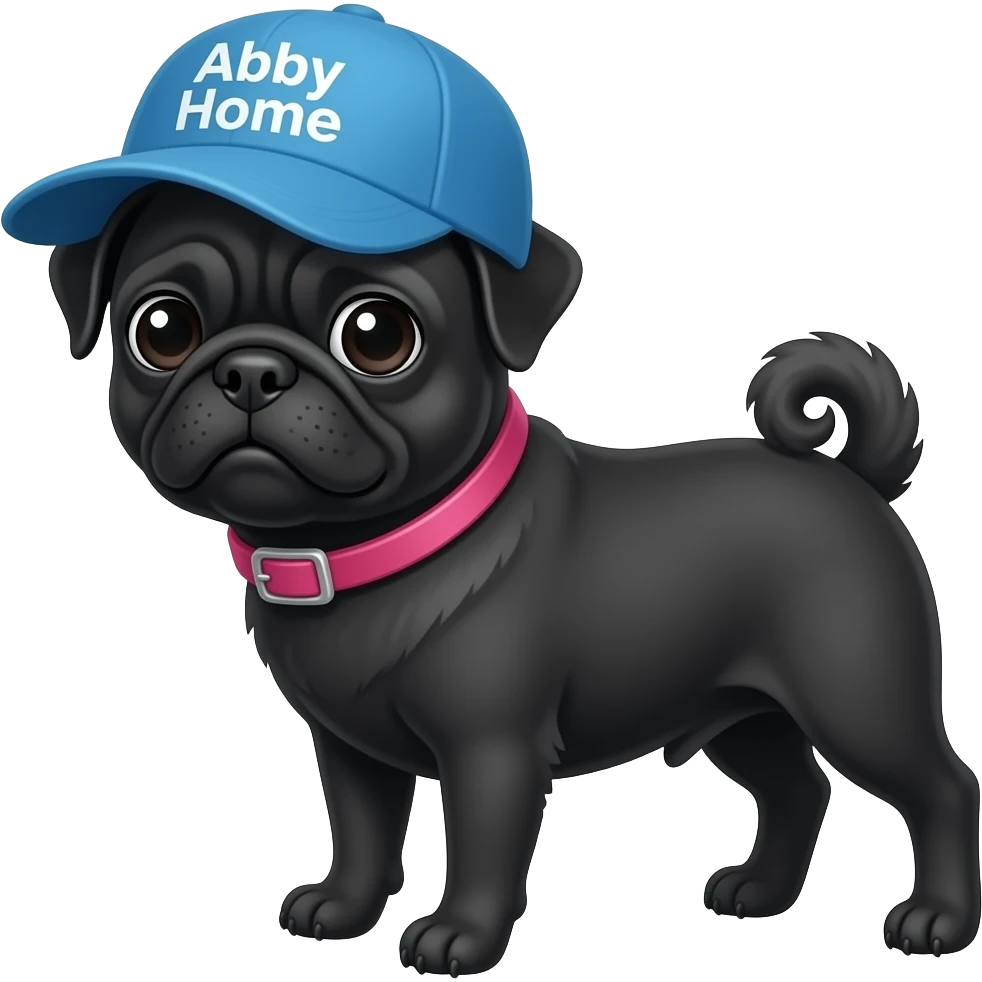 black skinny pug curly tail pink collar with a blue hat that says Abby Home in white emoji