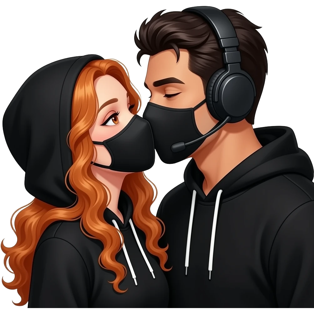 sexy girl with long curly ginger hair and ginger eyes with a black hoodie and mask gets kissed by a attractive blackhaired man with a black hoodie, a headset and a black mask emoji