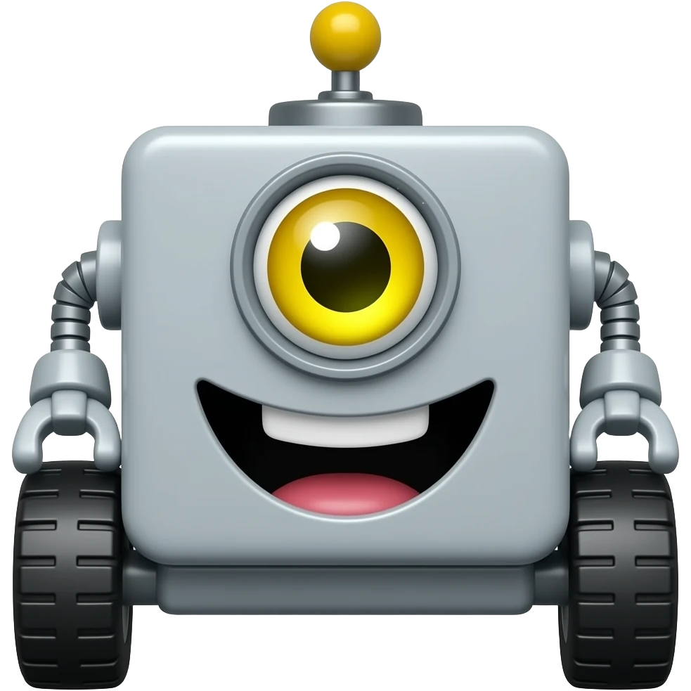 Wheeled rectangle robot with a big funny smile and a yellow eye emoji