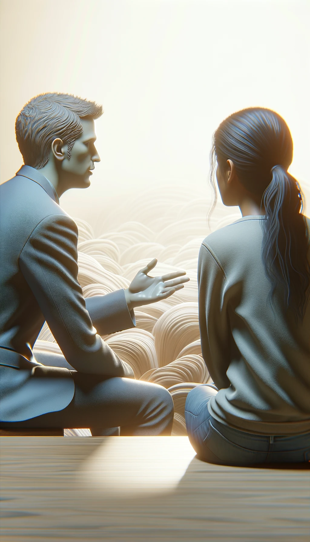 una persona parla e un altra persona di spalle lo ascolta, immagine iperrealistica 4k, sfondo chiaro emoji