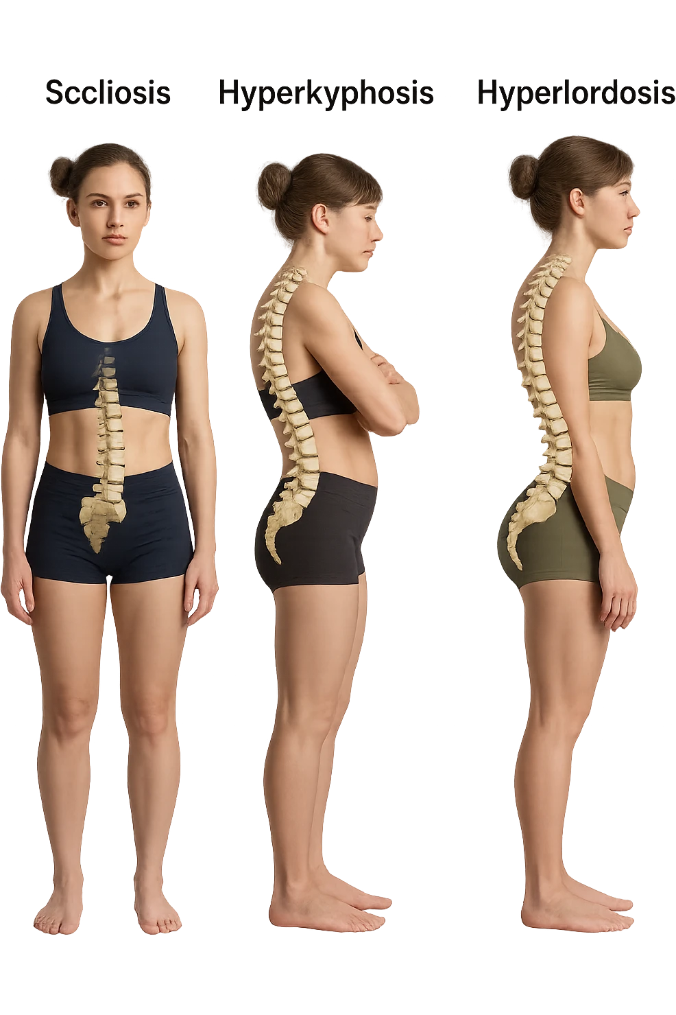 fai un immagine identica che riguarda 3 posture scorrette: scoliosi, ipercifosi e iperlordosi. falla iperrealistica anatomica in 4k con spina dorsale storta in evidenza su ogni figura emoji