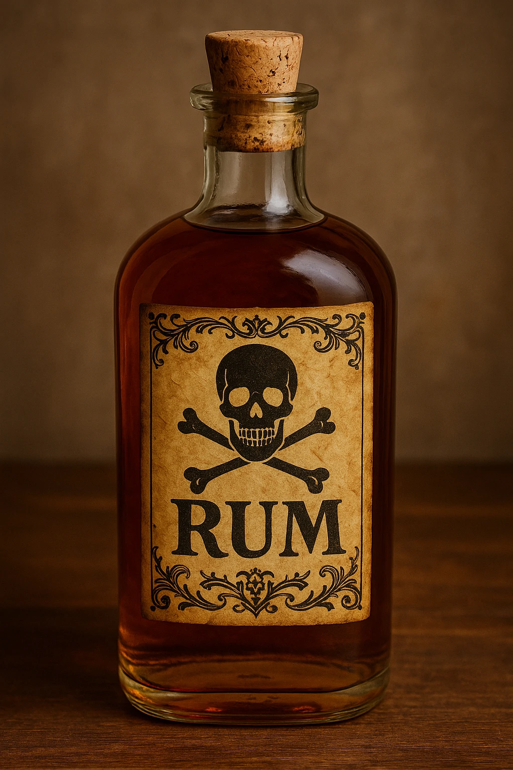 a classic rum bottle, corked, with a pirate-style label emoji