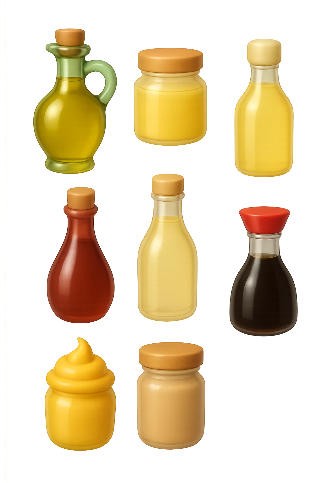 emoji stile iphone 3d di questi elementi che fluttuano in aria:

Olio extravergine d’oliva, burro chiarificato
Olio all’aglio (senza pezzetti)
Aceto di vino, aceto di riso, senape, tahin
Salsa di soia fermentata (senza aglio/cipolla)


 che fluttuano sparse casualmente in aria, iperealistico 4k emoji