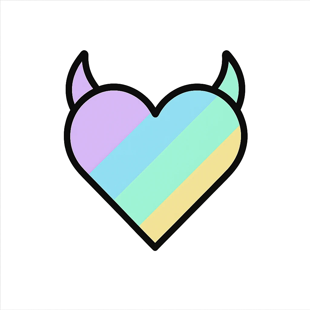 minimalist devil heart icon, outline heart with two horns, filled with a pastel rainbow gradient, pride theme emoji