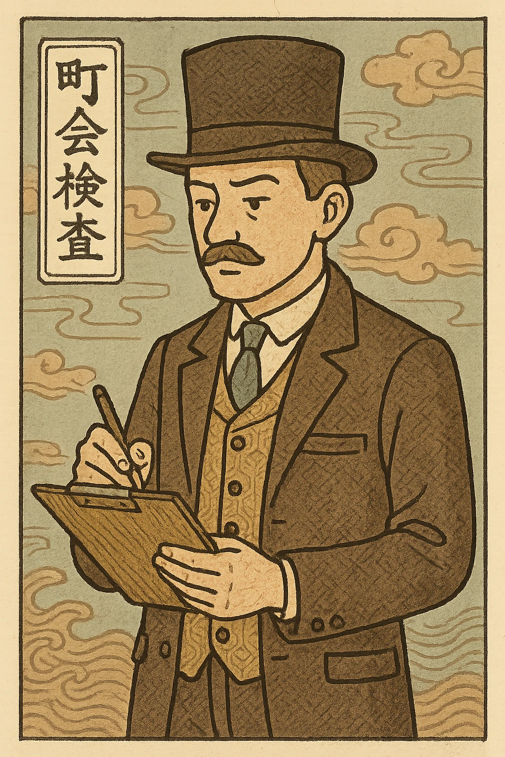 A victorian town council inspector with a clipboard and pen emoji