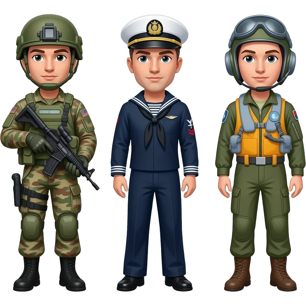 Three armies: a soldier on land, a sailor on a ship, a pilot in the sky, cartoon style emoji