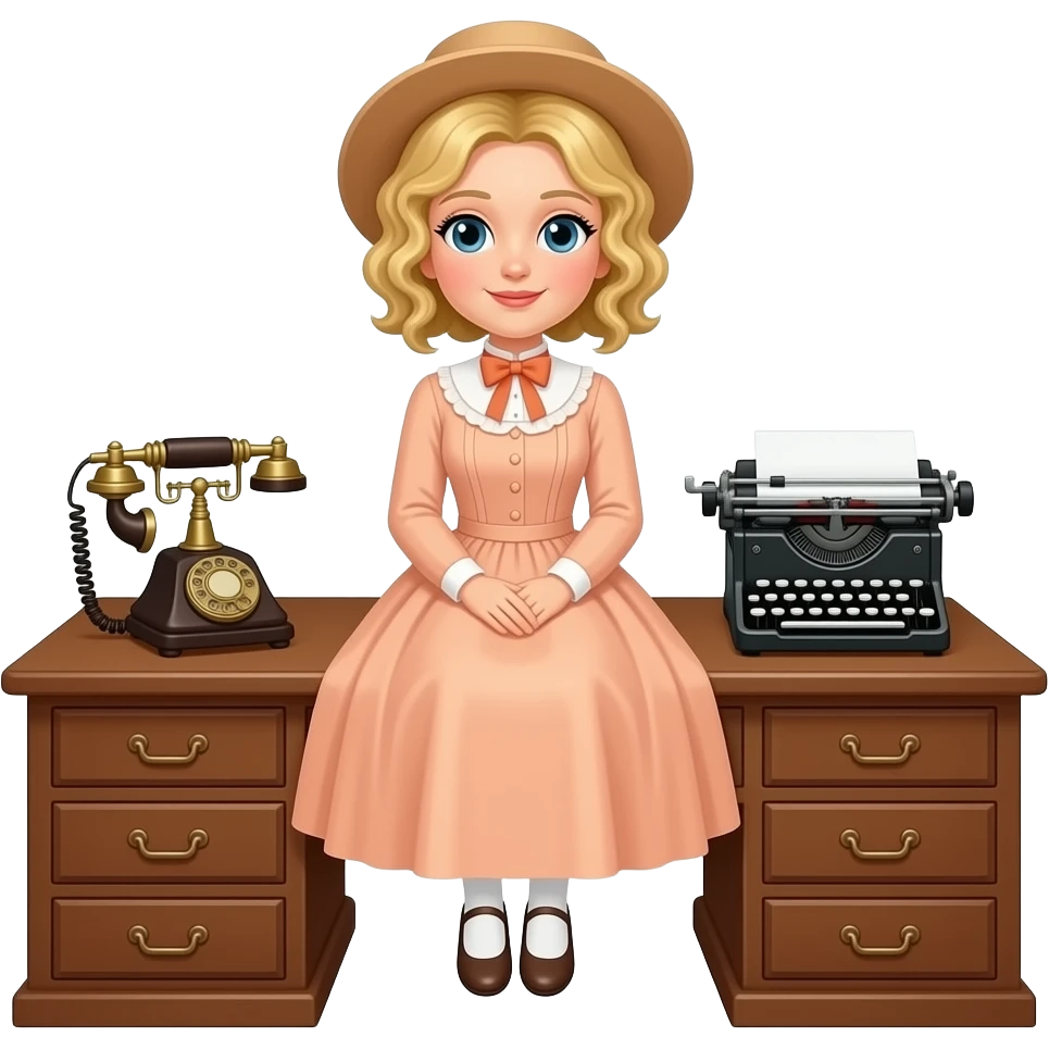 blonde tight spirals curly sideswept bob sitting on an antique desk with antique phone antique typewriter in 1800  peach dress and matching hat emoji