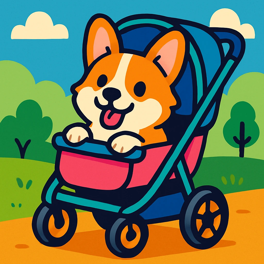 a cute corgi sitting in a dog stroller, playful and friendly, cartoon style, vibrant colors emoji