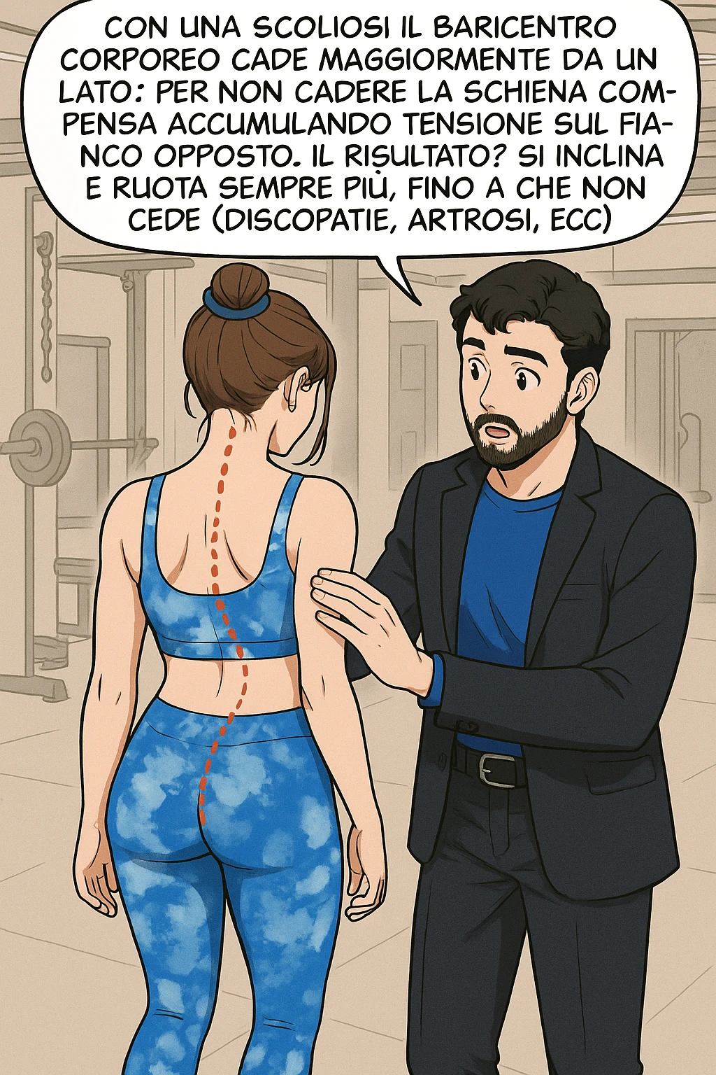 fai questa immagine in versione manga/webtoon a colori, il manga mostra la donna di spalle, mentre l'uomo le tocca la spina dorsale per spiegarle come funziona la scoliosi:
Con una scoliosi il baricentro corporeo cade maggiormente da un lato; per non cadere la schiena compensa accumulando tensione sul fianco opposto.
Il risultato? Si inclina e ruota sempre più, fino a che non cede (discopatie, artrosi, ecc) emoji