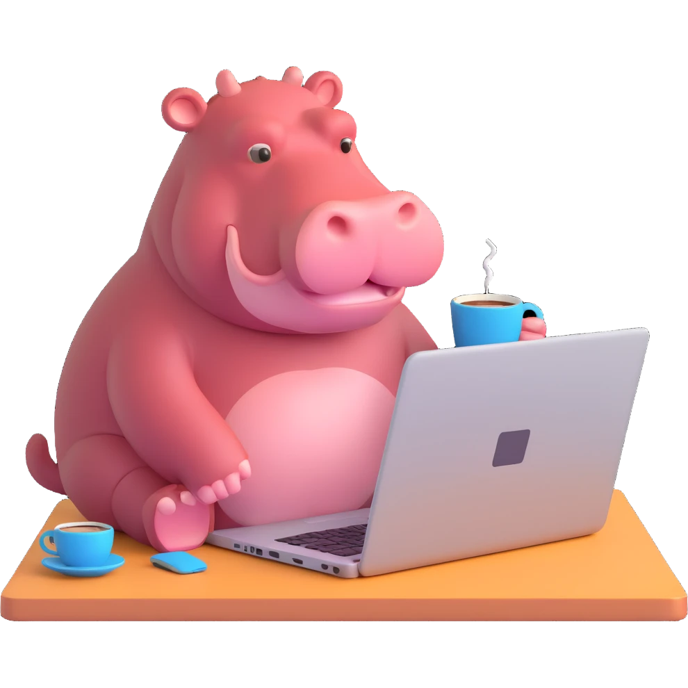 A cartoon hippopotamus who sits at a laptop and drinks coffee emoji