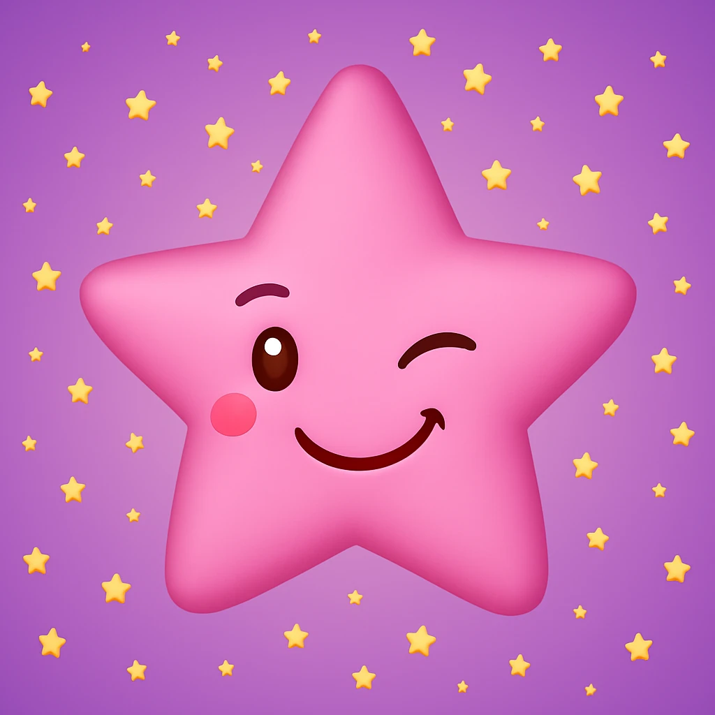 Make the pink star look even cuter with a winking face. Remove any faces from the yellow stars. Keep the purple background as is. emoji