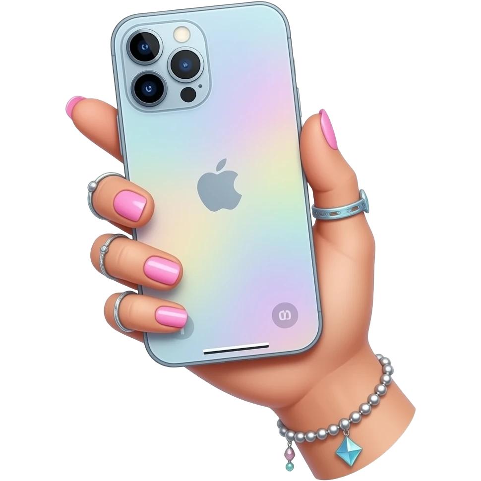 holding iphone with screen upwards: cute thin girl hand with pastel and pink modern y2k nails, rings, and accessories. emoji