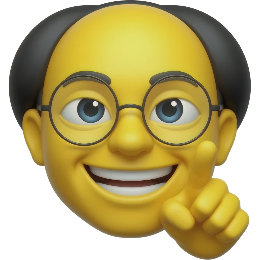 A yellow emoji-style face with a bald head and thin round glasses, smiling widely with squinted eyes as if laughing. The face rests on a hand with the knuckles pressing into the cheek in a relaxed pose. Simple emoji styling, smooth yellow skin, black background, and a playful amused expression. 😄 emoji