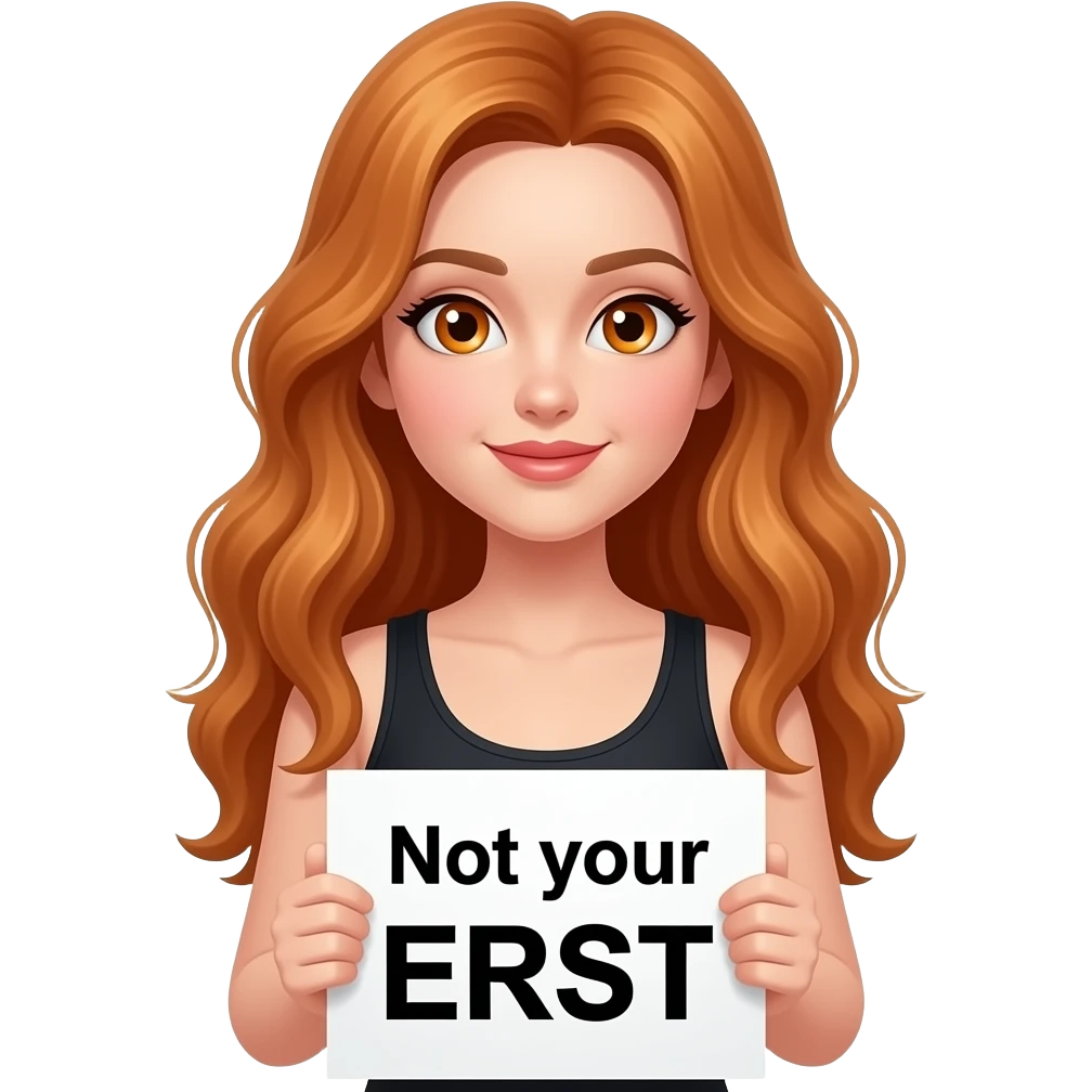 sexy girl with long wavy ginger hair and ginger eyes wearing a black tanktop is holding a white colored sign with Not your ERNST written on it emoji