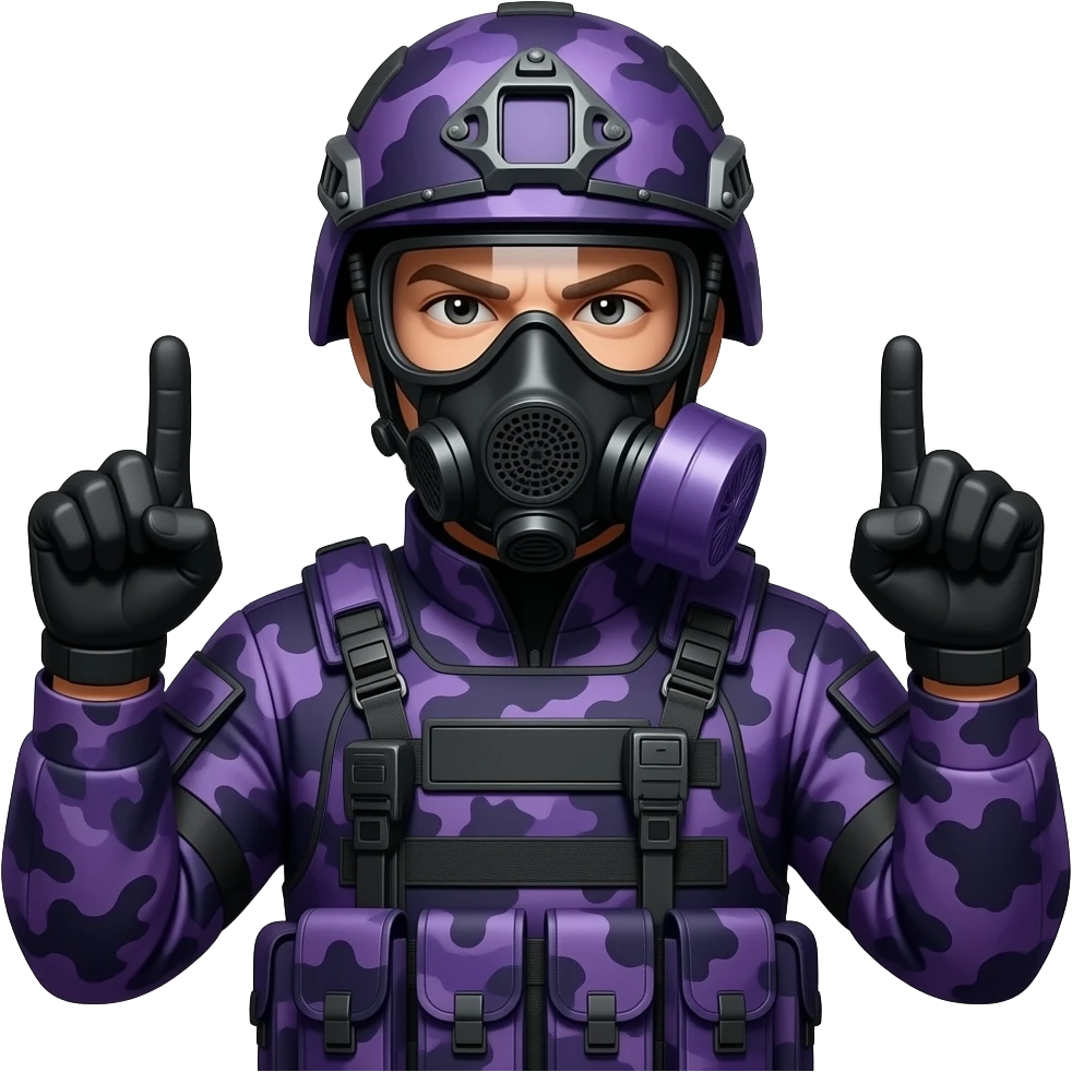 Man with two middle fingers in dark purple camoflage tactical gear helmet full dark purple gasmask emoji
