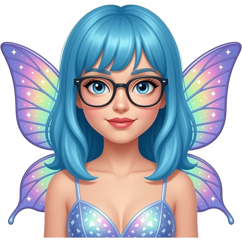 glamourous fairy face and wings sticking out portrait blue hair and glassess emoji