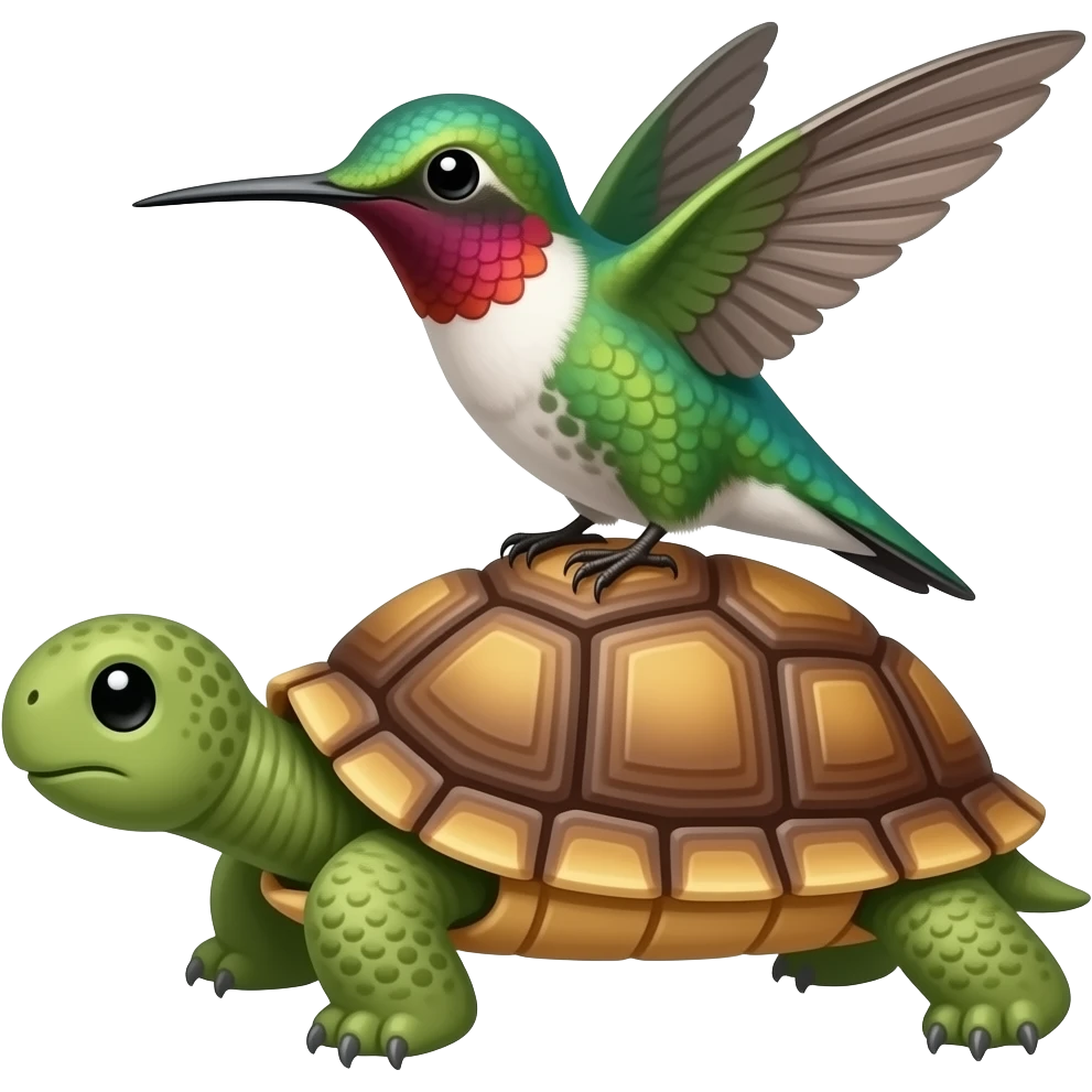 A hummingbird standing on a turtle emoji