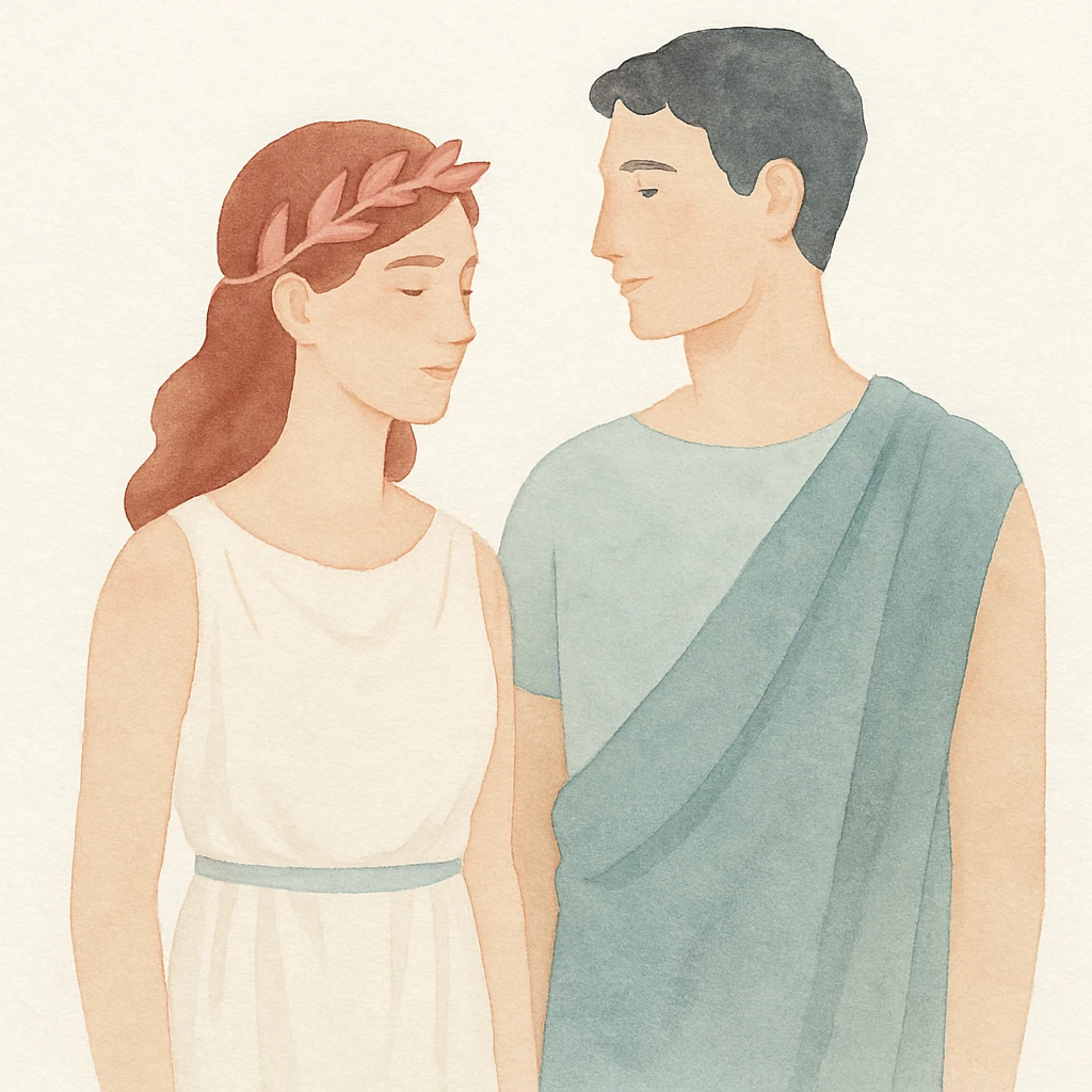 Greek couple, male and female, ages 20-35, in a painterly style, soft brush strokes, artistic, expressive emoji