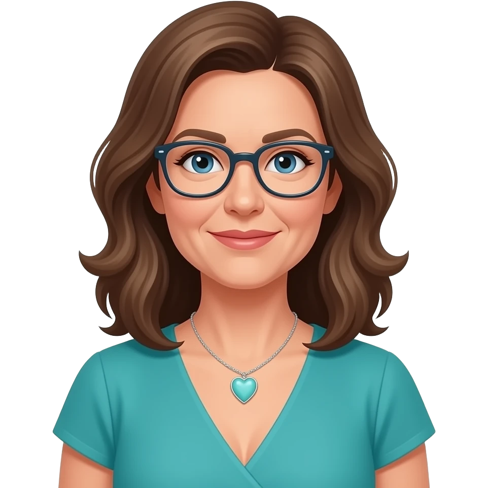 AJM - woman, mid 40's age, dark blonde hair, glasses, shoulder length wavy hair, tiffany heart necklace,  blue eyes, teal dress, emoji