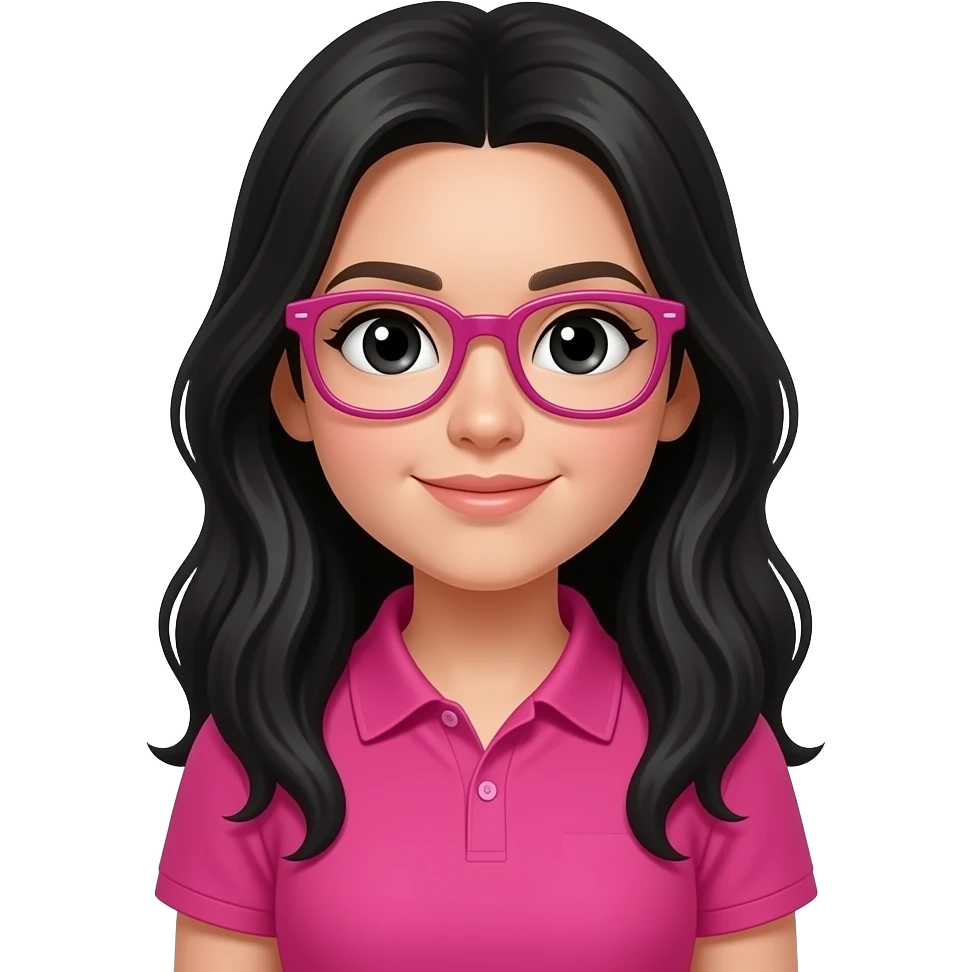 una chica de pelo negro largo, ojos negros, lentes color fucsia y polo de color fuscia emoji