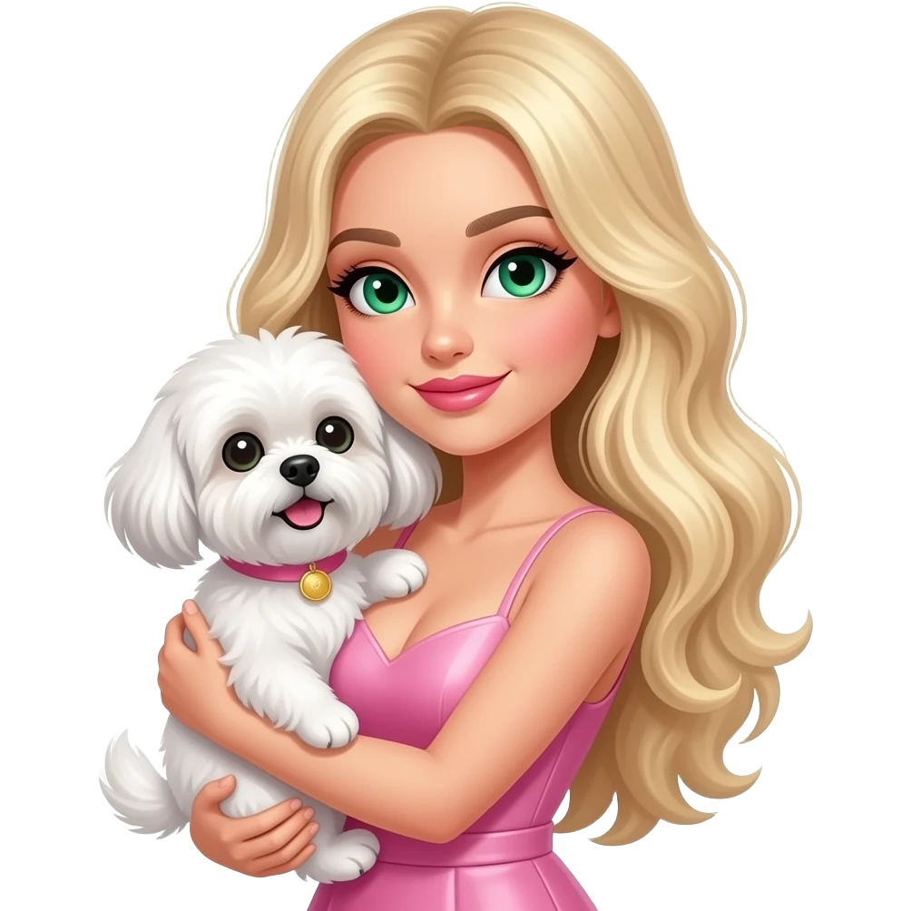 White girl, green eyes, very long wavy blonde hair, pink lips, sexy pink dress, hugging her white Shih Tzu dog. emoji