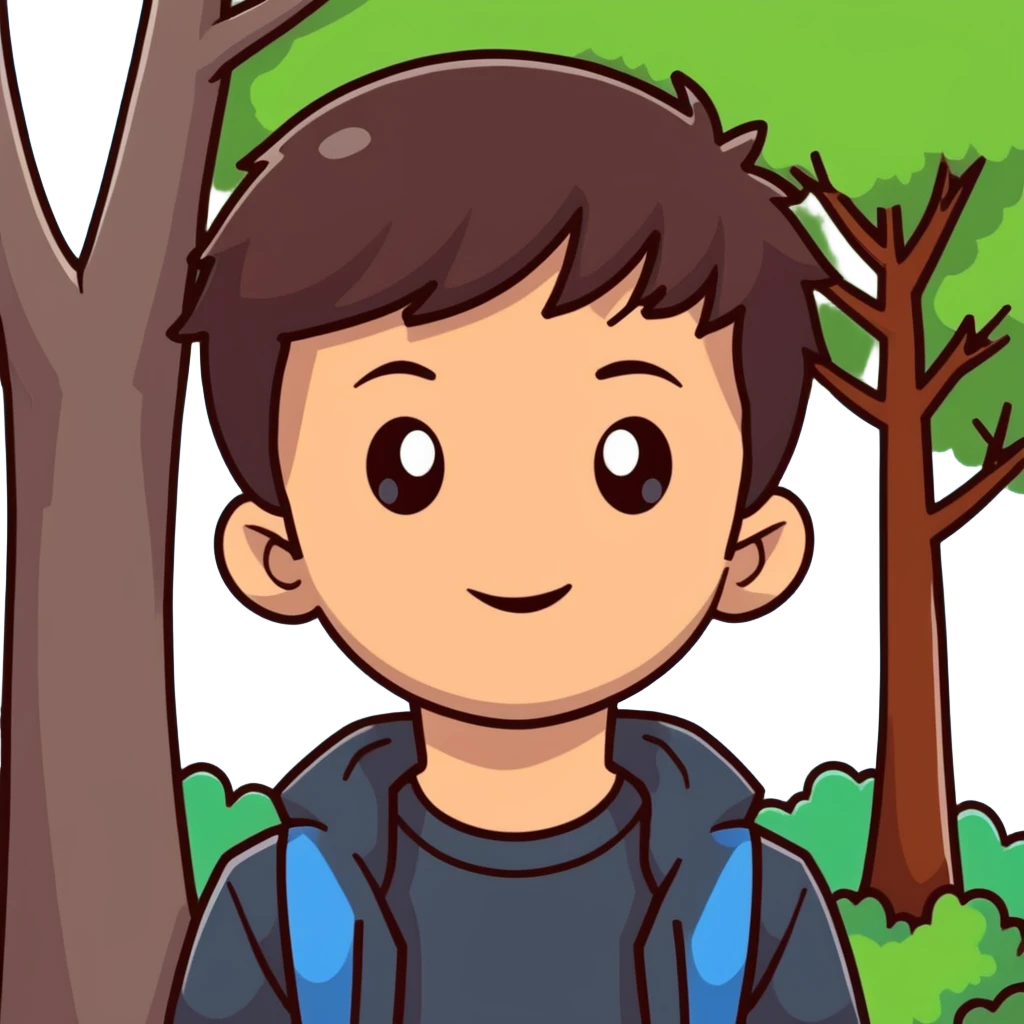 boy with straight brunette hair brown eyes and tree behind emoji