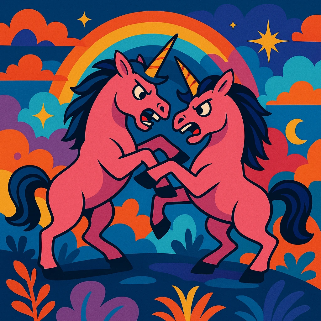 two pink unicorns fighting, vibrant, dynamic, fantasy style emoji