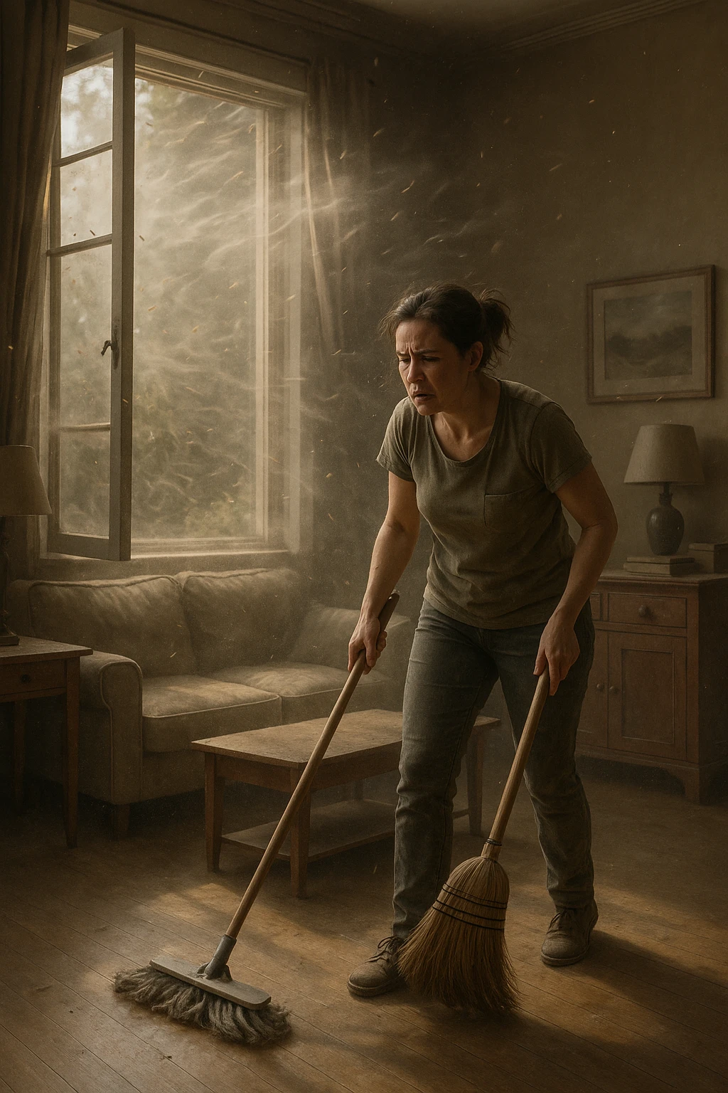 A realistic, cinematic image of a person cleaning a living room with a mop and broom, windows wide open letting in a strong gust of wind. Through the open windows, thick clouds of dust, pollen, and small debris visibly swirl into the room, floating in sunbeams that highlight the particles in the air. The person looks frustrated and tired, mid-action sweeping but clearly battling the incoming dust. Around the room, some furniture and surfaces already show a thin layer of dust settling. The scene is bathed in natural daylight with a slightly hazy atmosphere due to the airborne dust. The color palette uses warm, muted tones emphasizing the contrast between cleanliness efforts and the stubborn dirt and dust invading the space. The focus is on the tension between trying to clean and the unavoidable mess coming in from outside. emoji