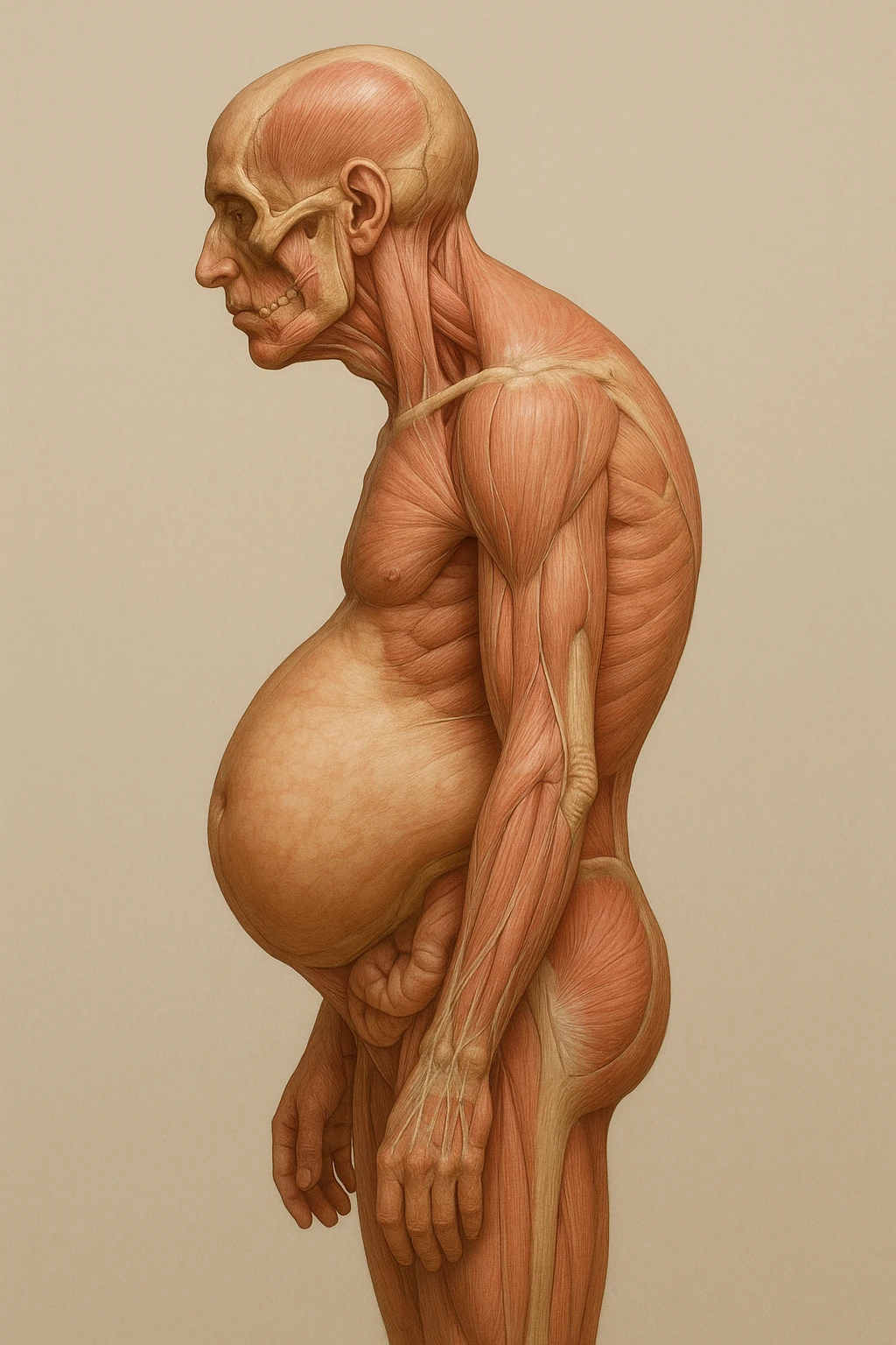 corpo UMANO ANATOMICO di profilo con spalle chiuse in avanti e pancia sporgente, postura errata, iperrealistico 4k emoji